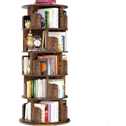 Rotating Bookshelf Tower, 5 Tier Spinning Bookcase, Revolving 360 Book Shelf Narrow Tall Bookcase, Vertical Turning Round Bookshelf Organizer, Corner Book Shelf for Small Space, Rustic Brown
