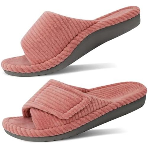 GRITHEIM Women's Orthopedic Arch Support Slippers Fuzzy Adjustable Orthotic Slippers for Plantar Fasciitis Ladies Furry Supportive Corduroy Memory Foam Open Toe Gift Slide