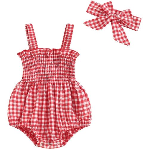 FOMOYUU Newborn Baby Girl Romper Summer Sleeveless Smocked Cotton Linen Clothes Outfit with Headband