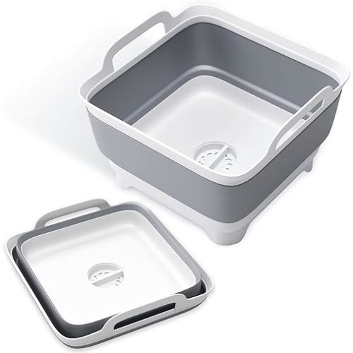Wash Basin, Portable Sink, Folding Laundry Tub, Washing Basin with draining Plug, Camping Collapsible Dish Tub, Plastic Tub Carry Handles. Gray