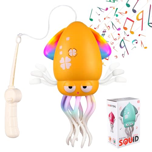 Mity rain Electric Dancing Octopus Toys with Auto-Avoidance - Crawling & Dancing Baby Toy with LED Lights, Music, Fishing Rod & USB Charging, Perfect Sensory Toy for Tummy Time & Toddler Play (Yellow)