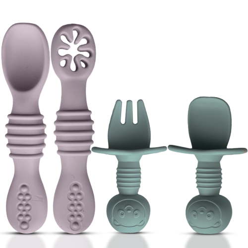 HippoBaby 4pc Silicone Baby Utensils Set, Self-Feeding Spoons & Fork for 6-12 Months, Toddler Essentials (Light pink/Green)