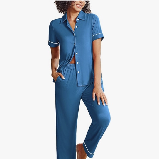 Ekouaer Womens Pajama Sets 2 Piece Button Down Short Sleeve Pjs Set Soft Lounge Set with Long Pants S-XXL