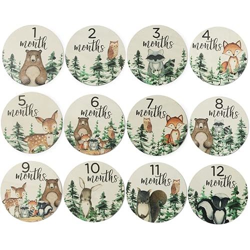 12pcs Wooden Baby Monthly Milestone Cards,Pregnancy and Baby Growth Monthly Milestone Wood Discs,Milestone for Baby Boy,Months Signs Milestone for Baby Girl,Fathers Day Gift,Animal Pattern