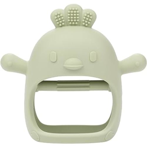 AIXMEET Silicone Baby Teething Toys, Chick Baby Teether Toy for 3+ Months, Baby Chew Toys for Sucking Needs, Never Drop Baby Mitten Teether for Soothing Teething Pain Relief, Easy Clean (Green)