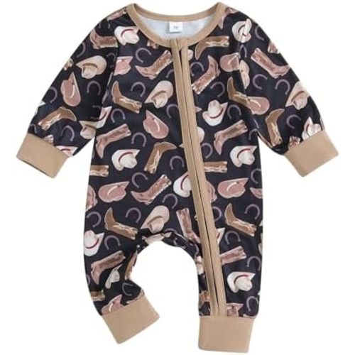 SAYOO Western Baby Cowboy Clothes Neutral Zipped Fall Romper Outfit for Boy Girl Infant Lapel Cow Print One-piece Jumpsuit