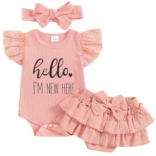 Mubineo Baby Girl Summer Clothes Hello Im New Here Outfits Newborn Romper Ruffle Skirt Shorts Coming Home Outfit