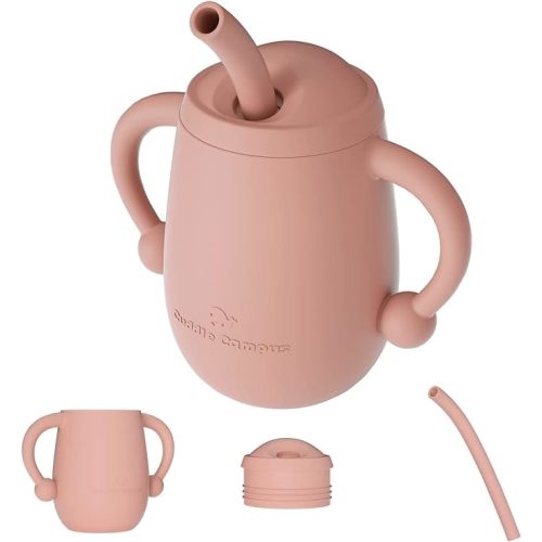 Cuddle Campus 100% Silicone Baby Training Cup, Shatterproof Toddler Sippy Cups with Straw, Open Cup for Baby, 6+ Months 4 Oz - Peach Cobbler - 4 OZ 1 Count (Pack of 1)