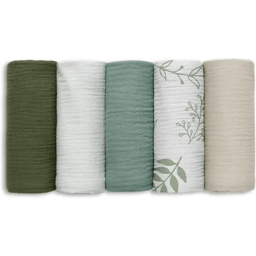 Muslin Receiving Blankets, Neutral Blanket Swaddling for Newborn Boys and Girls, 5 Pack Breathable and Skin-Friendly Swaddle Wrap for Infant Baby (Bright Leaves)