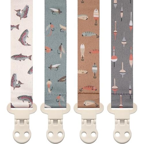 Baby Pacifier Clip Holder - Girl or Boy Unisex 4 Pack Gift Set – Fishing Theme (Gone Fishing)