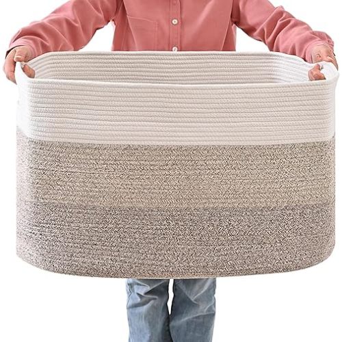 Extra Large Blanket Basket Living Room, Rectangle Storage Basket, Large Woven Baskets for Storage, Cotton Rope Basket for Toys, Clothes, Gradient Brown - 25”x16”x16” (105L)