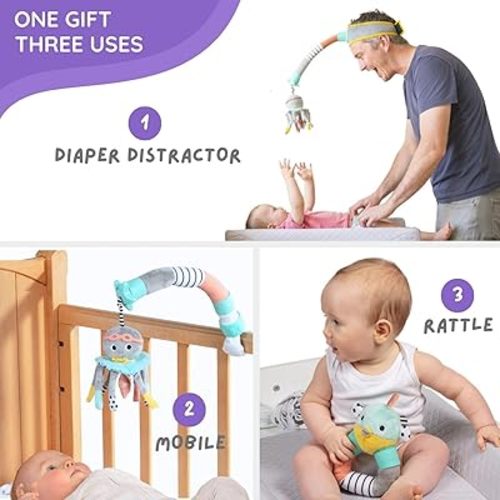 DINGLE DANGLE - Deluxe Gift Set - 3 in 1 Diaper Changing Helper Headband & Portable Mobile, Rattle, & Added Tilly Turtle Attachment; Newborn Essentials Must Haves - Great Baby Registry or Shower Gift
