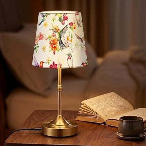Huquary Cordless Table Lamp for Bedroom Bedside Bird Floral Linen Lampshade with Rechargeable Table Lamp Hummingbird Flower Desk Light for Farmhouse Boho Vintage Nightstand Living Room Home Decor