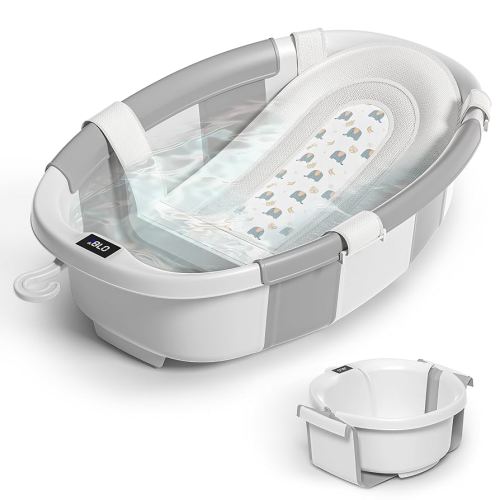 Collapsible Baby Bathtub for Newborn to Toddler 0-36 Months,Spacious Foldable Infant Bath Tub with Thermometer,Cushion & Drain Hole,Portable Travel Tub, Baby Shower Gift Grey