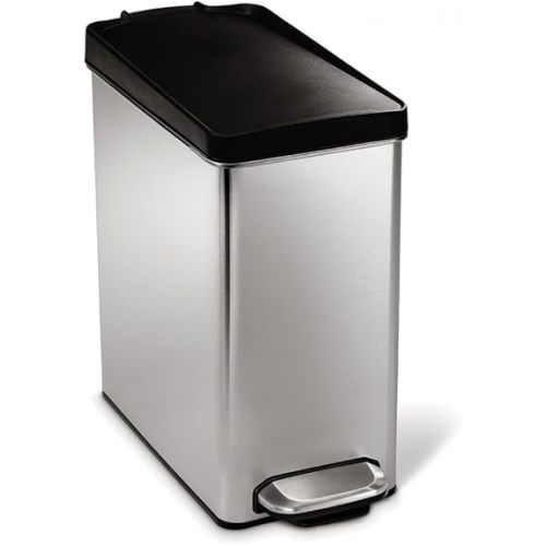 simplehuman 10 Liter / 2.6 Gallon Bathroom Slim Profile Trash Can, Brushed Stainless Steel with Plastic Lid