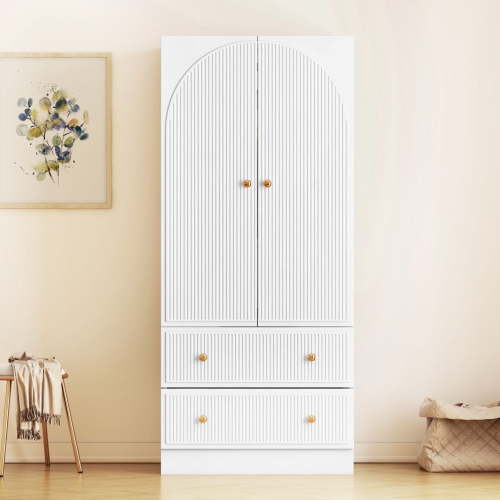 Wirrytor Wood 2 Doors with 2 Storage Drawers Freestanding Armoire Wardrobe Clothing Rod, Large Capacity Wardrobe Cabinet, White