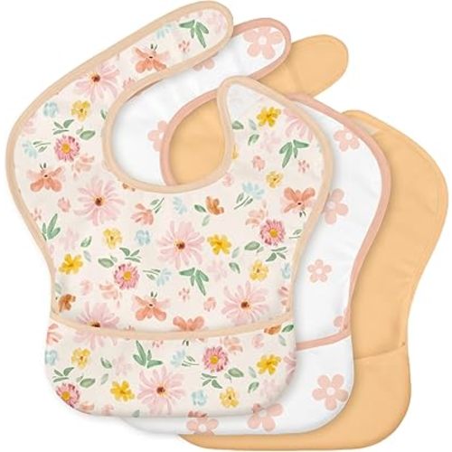3-Pack Waterproof Baby Bibs for Eating - Mess Proof Lightweight Toddler Feeding Bibs with Large Food Catcher, Food-Grade Baby Eating Essentials, Easy to Put On & Clean(Country Floral)