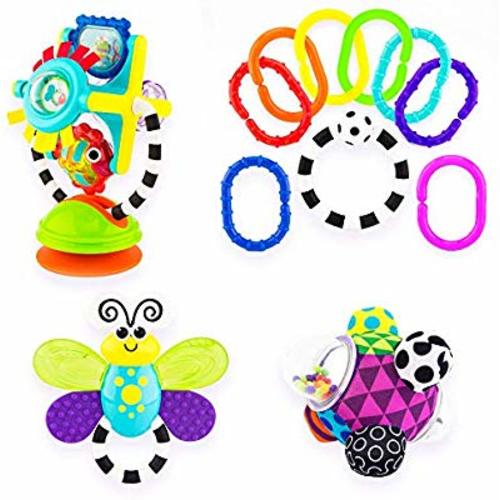 Sassy Discover The Senses Developmental Gift Set for Newborns and Up | Includes Bumpy Ball, High Chair Toy, Water-Filled Teether, 9 Piece Ring O’ Links - 9 Piece Gift Set