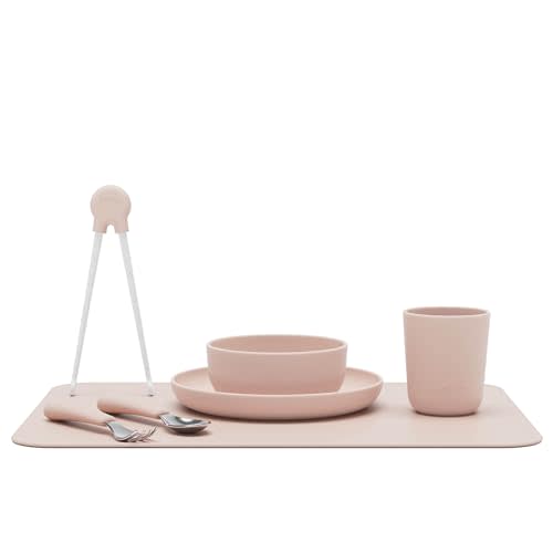 Lalo Big Bites Kids Dinnerware Full Set - Dishwasher Safe, BPA Free, Kids Tableware Set - Includes Stackable Bowl, Plate, Utensils & Cup - 7 Pieces - Grapefruit