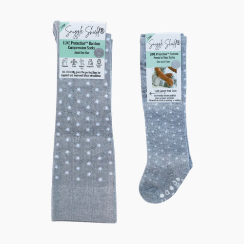 Snuggle Shield LUXE Knees to Toes Matching Mom & Baby Socks - Grey Dots, Adult One Size/Baby 0-2 Yrs
