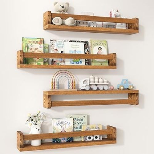 Fun Memories Nursery Book Shelves Set of 4, 24 Inch Solid Wood Wall Book Shelves, Kids Room Floating Shelves Organizer & Toy Storage, Dark Brown Nursery Decor
