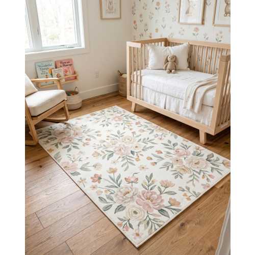 Floral Nursery Rug, Baby Girl Room Rug, Soft Pastel Flower Area Rug CUSTOM SIZE 5'x7'