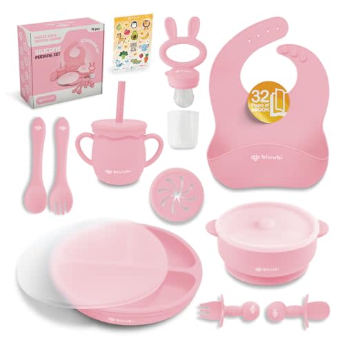 Bluubi Silicone Baby Feeding Set - Infant Tableware for First Foods & Baby, Led Weaning (0+ Months), Easy to Clean, Durable, Perfect for Baby Boy or Girl, Solid Feeding - Pink - Standard