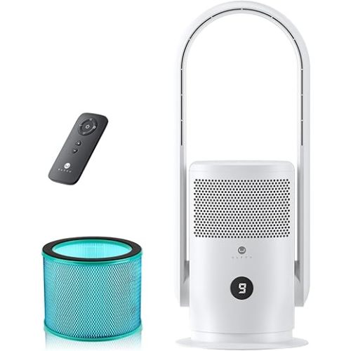 ULTTY Bladeless Tower Fan with Air Purifier, 90° Oscillating Bladeless Fan with Remote, Touch, 8H Timer, Floor Fans for Bedroom Whole Room Home Office R021, White