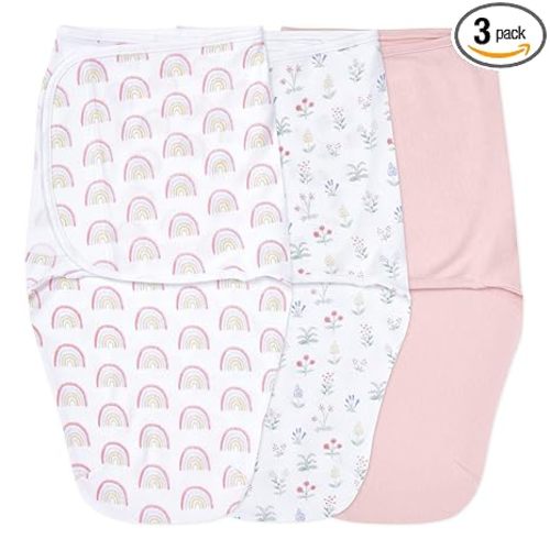 aden + anais Easy Swaddle Wrap, Newborn Wearable Swaddle Blanket, Adjustable Fasteners, 100% Cotton, 3 Pack, 0-3 Months, Spring Flower