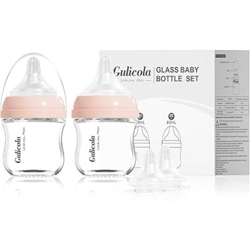 Small Glass Baby Bottle for Newborn Breastfeeding Babies, Preemie & Extra Slow Flow Nipples (SS), Anti-Colic, Breast-Like, 0 Months+, 3 oz, 2 Pack - Pink