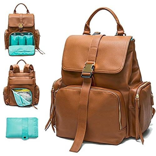 Diaper Bag Backpack Mominside, Leather Backpack for Women, Travel Baby Bag with 15 Pockets Baby Registry Search, Changing mat,Large Capacity for Wet Clothes,4 Insulated Pockets Brown