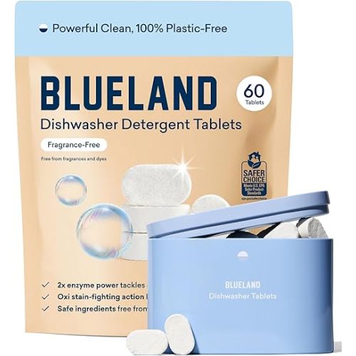 BLUELAND 100% Plastic-Free Dishwasher Detergent Tablets, Starter Set, 60 Count with Tin, Unscented Eco Friendly Dishwashing Pods, Natural, Sustainable