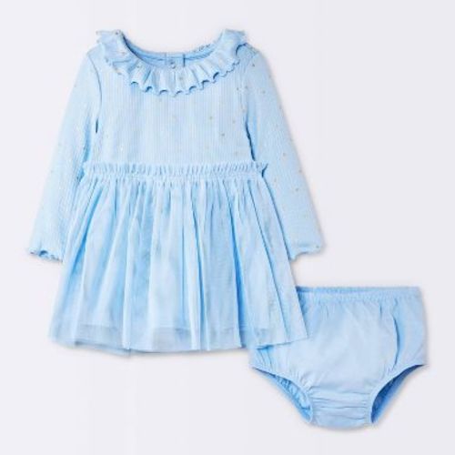 Baby Girls' Star Long Sleeve Modal Ribbed Tulle Dress - Cloud Island™ Blue 3-6M