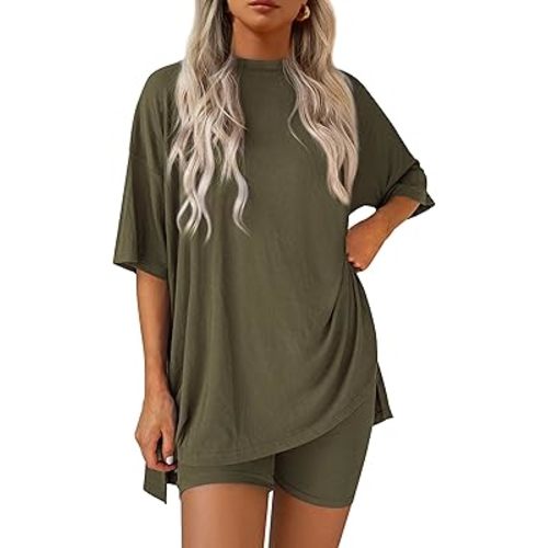 PRETTYGARDEN Women 2 Piece Lounge Set 2026 Summer Casual Oversized Shirts Biker Shorts Matching Airport Travel Outfit Clothes