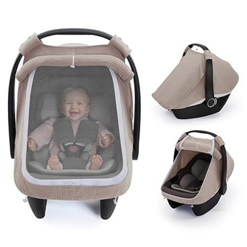 Blissful Diary Baby Car Seat Cover, Extra Large Mesh Window, Breathable Muslin Cotton, Infant Windproof Canopy, Agreeable Gray