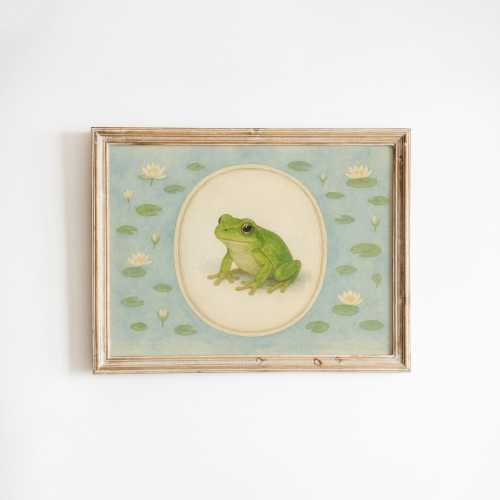 Green Frog with Lily Pads – Vintage Nursery Animal Wall Art