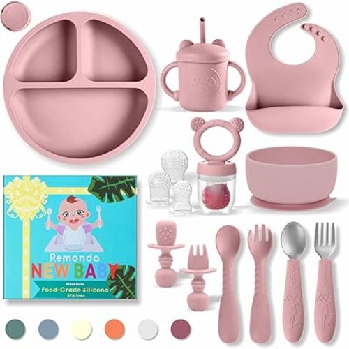 Baby Led Weaning Supplies,Silicone Baby Feeding Set, Baby Gifts,Suction Plate Bowl Set, Self Feeding Utensil Sets, Bib, Cup, Fruit Feeder, First Stage Eating Essentials, 6+ Months（Pink）