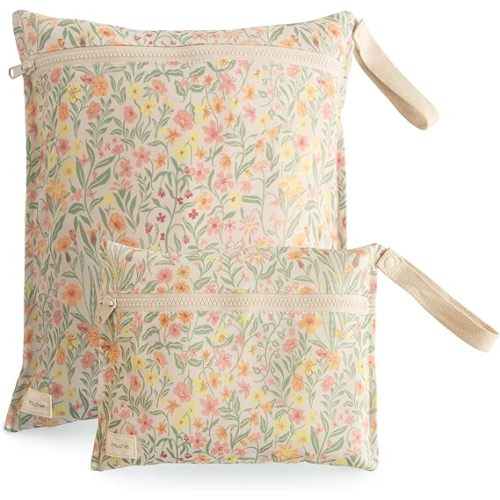 mushie Water Resistant Wet Bags | Large & Small Reusable Storage Bag for Baby Items and Travel | Zippered Pockets with Handle | Machine Washable, Set of 2 (Pastel Blooms)