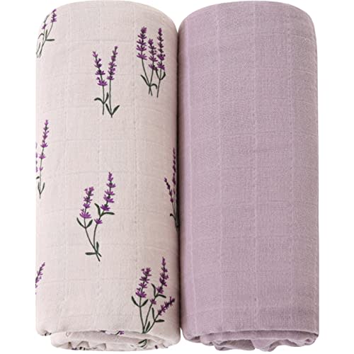 LifeTree Baby Swaddle Blankets Girls, Organic Muslin Swaddle Blankets Unisex Swaddling Wrap Receiving Blanket Neutral for Newborn, Organic Cotton, Large 47 x 47 inches, Lavender & Mauve