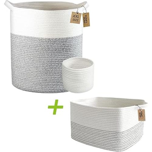 COMFY-HOMI Woven Cotton Rope Basket φ16X18”(White and Grey) and Square Cotton Rope Basket 13.5X11X9.5” with Handle (White/Black Line)