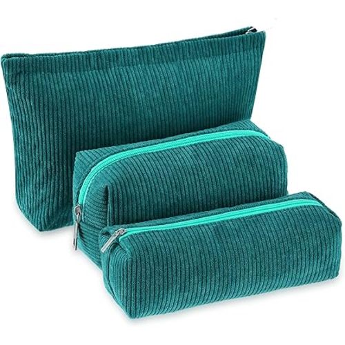 Huhumy 3 Pcs Makeup Bag Set for Women Corduroy Cosmetic Pouch Aesthetic Smile Travel Toiletry Bag Cute Purse Pouch Pencil Case Makeup Brushes Storage Organizer with Zipper(Dark Green,Solid Style)