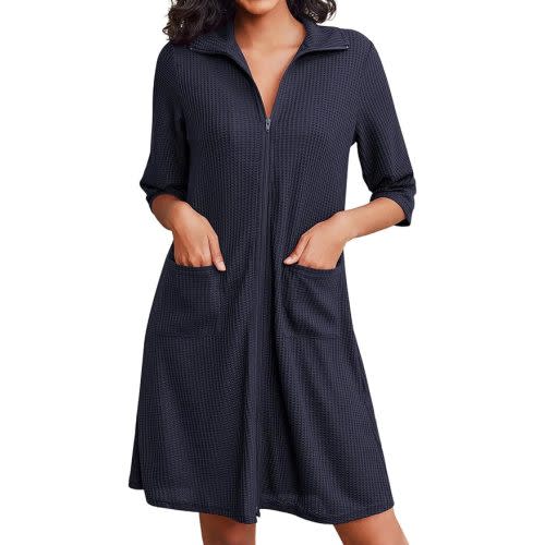 Ekouaer Zipper Robes for Women Waffle Knit Bathrobes Short Lightweight Knee Length Loungewear with Pockets