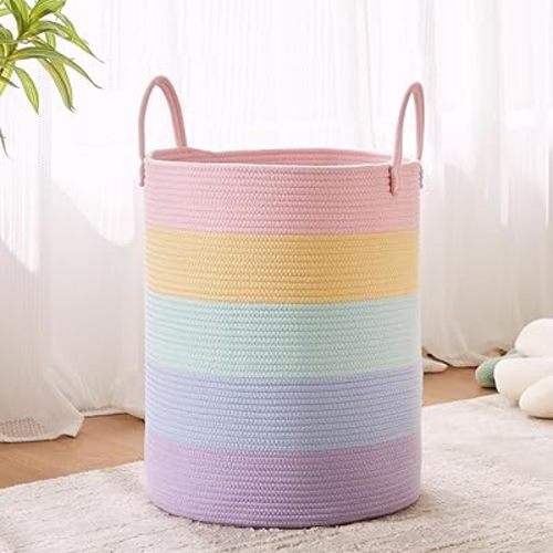 Rainbow Girls Kids Hamper Laundry Basket for Baby Nursery Clothes Blanket Basket for Toy Pastel Unicorn Woven Rope Hamper in Playroom Bedroom