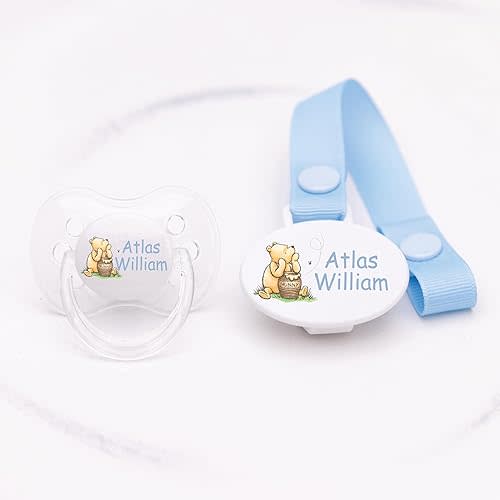 Personalized Set Pacifier and Ribbon Pacifier Clip, Pacifier, 0-6 Months, 6-18 Months, Winnie The Pooh, Baby Boy or Girl, Blue or Pink, Your Choice of Name or Text (Blue)