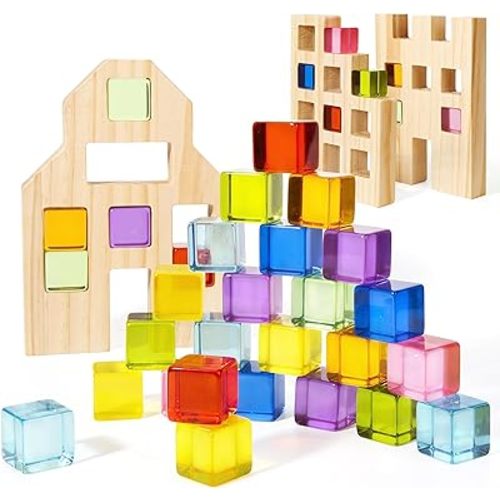 Wooden Building Blocks Set for Kids, 36 PCS Rainbow Acrylic Gem Cubes Blocks - 3 Wood House, Montessori Stacking Toy for Toddlers, Educational STEM Birthday Toys for Boys Girls 3-6