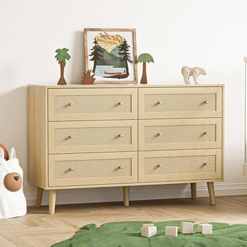Rattan Dresser for Bedroom 6 Drawer, Natural Rattan Boho Dresser for Bedroom, Storage Organizer for Closet for Bedroom