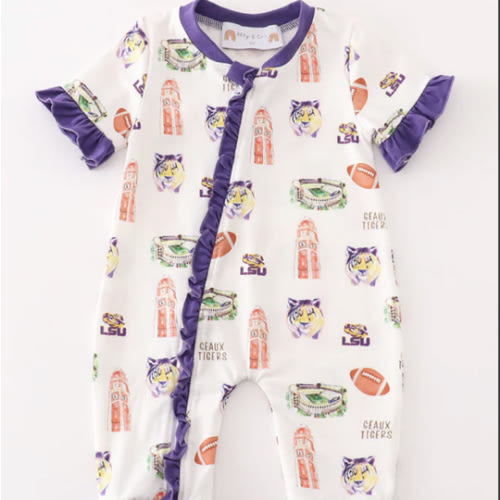 Purple geaux tiger baby romper