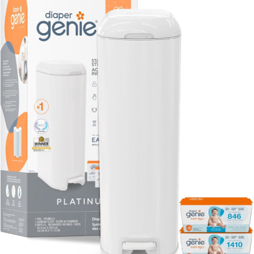 Diaper Genie Platinum Pail Gift Set, Lily White, Made of Durable Stainless Steel and Includes 2 Easy Roll Refills with 48 Bags.