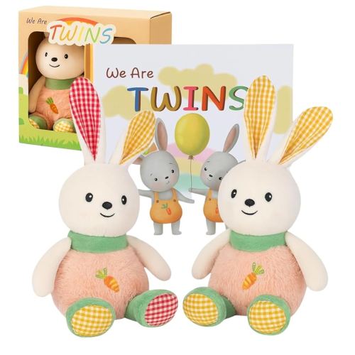 Twin Baby Gifts for Boy and Girl Twin Babies Items Essentials Storybook/Plush Rabbit Rattle 2-Piece Set