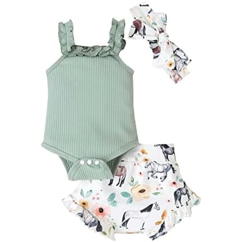 fhutpw Baby Girl Clothes Summer Cute Outfits 3 6 12 18 Months Spaghetti Strap Romper & Floarl Shorts Sets